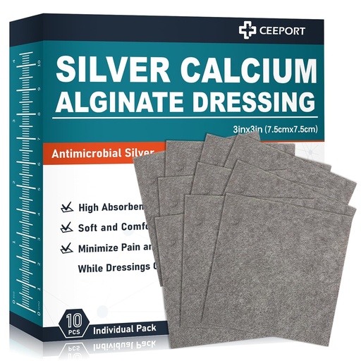 [BRSROYYHAUJWOCY3] Ag Silver Calcium Alginate Wound Dressing Pads 3'' x 3'' (Pack of 10), Soft Highly Absorbent Silver Wound Dressing, Non-Adhesive Dressing for Wound Care, Painless Removal Gauze Pads for Wounds