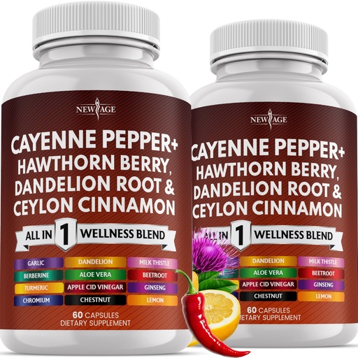 [BRSREEIBA4IAMCAU] NEW AGE Cayenne Pepper Capsules Supplement with Hawthorn Berry, Dandelion Root, Ceylon Cinnamon, Garlic, Ginger, ACV, Milk Thistle, Beet Root, Aloe Vera - 120 Count