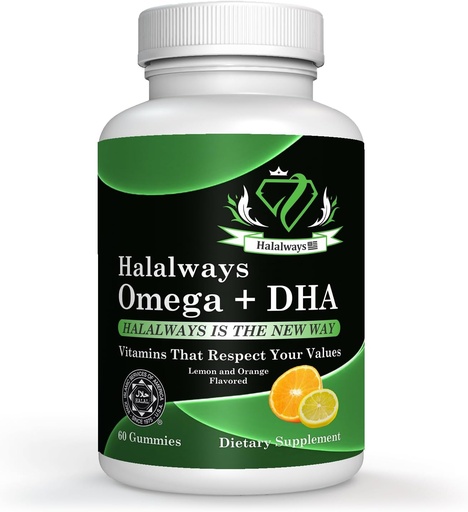 [BRSRAYI3BEPWAYLZ] Halalways Omega + DHA Gummies - Triple Strength Omega 3 Fish Oil Gummy Vitamins with DHA Fatty Acids, Nature's Heart Health, Orange & Lemon Flavor Certified Halal Supplement