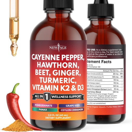 [BRSRACTRPN7ROADA] Cayenne Pepper Supplement Liquid Drops + Hawthorn Berry, Vitamin D3 K2 Beet Root Powder, Ceylon Cinnamon, Turmeric Curcumin, Organic Panax Ginseng - 2oz