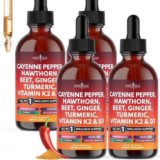 [BRSREYY7DMOREFDB] Cayenne Pepper Supplement Liquid Drops + Hawthorn Berry, Vitamin D3 K2 Beet Root Powder, Ceylon Cinnamon, Turmeric Curcumin, Organic Panax Ginseng - 8 oz