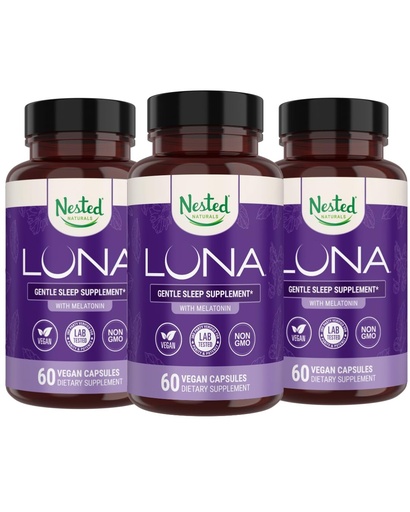 [BRSROCADPIHR6ALZ] Nested Naturals Luna Herbal Sleep Supplement with Melatonin, Valerian Root, Chamomile | 180 Vegan Capsules (3-Pack) - 60 Capsules Per Bottle