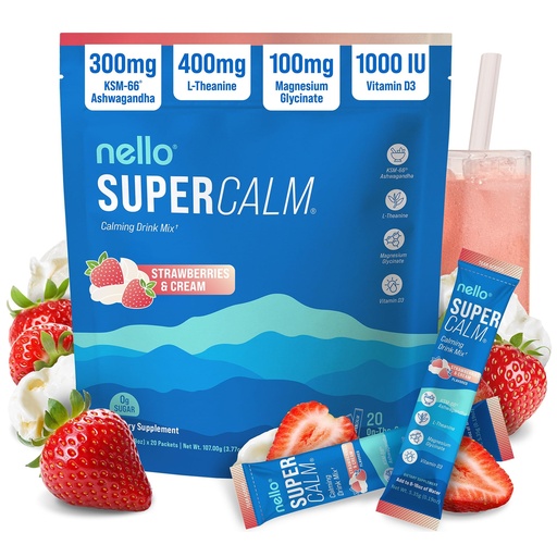 [BRSRABDQBUBBEF3B] Nello Supercalm Powdered Drink Mix, Cortisol Reducer*, Sleep Aid Supplement, L Theanine, Ksm-66 Ashwagandha, Magnesium Glycinate, Vitamin D 3, No Sugar, Non GMO, 20 Ct, Strawberries & Cream
