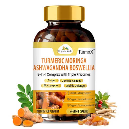 [BRSRGAA7CMNGAE3O] Organic Veda TurmoX Turmeric Moringa Ashwagandha Boswellia Capsules – Triple Rhizomes & 8 in 1 Antioxidants, Brain, Heart & Joints Support Supplement with Ginger & Black Pepper - 60 Capsules