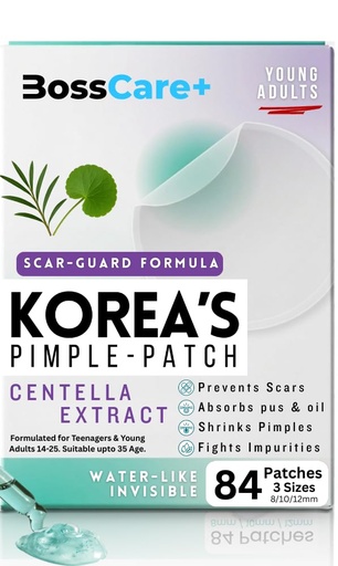 [BRSREAQRBMHWAFIV] Centella Hydrocolloid Patch BossCare+™ Original Korean Pimple Patches for Face, Teen & Adults Salicylic Tea Tree Oil Spot Cover, Absorbs Pus Shrink Pimples, Scar-Guard Formula | 84 Ct 3 Sizes, FSA HSA