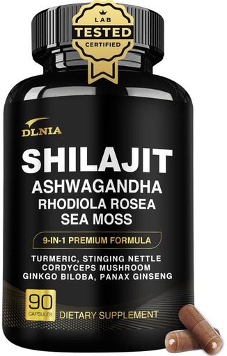 [BRSROBL2BMPWMYDA] DLNIA Shilajit 9-in-1 Capsules – Organic Himalayan Complex with Ashwagandha, Sea Moss, Turmeric & More – Vegan, Lab-Tested, Immune & Energy Support for Men & Women – 90 Capsules