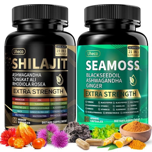 [BRSRAGL4B4NAGYL7] Shilajit and Sea Moss Vitality Bundle, Black Seed, Ashwagandha, Turmeric, Bladderwrack, Burdock, Tongkat Ali, All in 1 Mineral Supplements