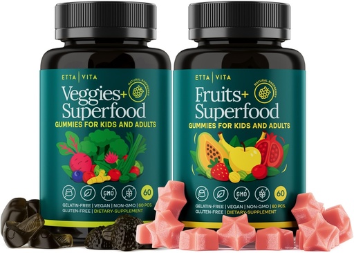 [BRSRMYAKBUFQOAL6] (120 Chews) Fruits and Veggies Supplement - Super Greens Gummies (9 Superfruits & 30 Veggies) Mushrooms, Fruit and Vegetable Vitamins, Non-GMO, Pectin-Based, Gluten-Free, No Capsules