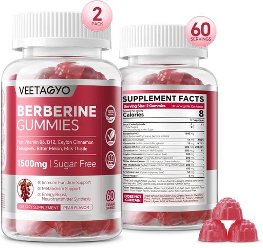 [BRSROFQFBMNRYA3O] Supplément berbère 1500mg,Berbère sans sucre avec Gummées Ceylan Cinnamon,Chromium,Curcuma, Fenugreek pour le métabolisme naturellement équilibré, HCl berbère extraite de baies indiennes, 120 Cts
