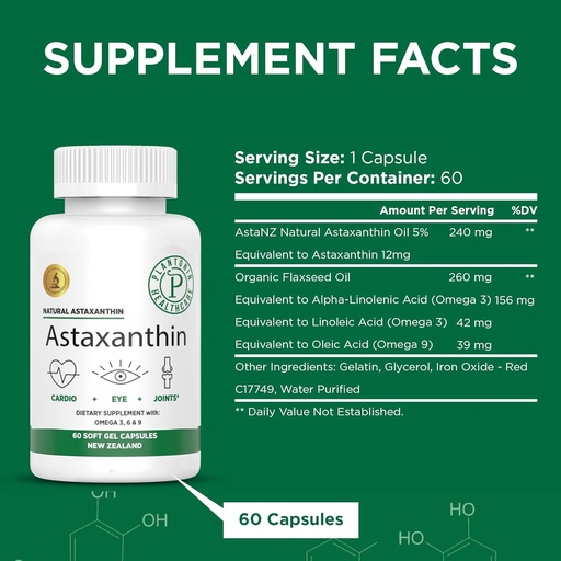 [BRSWYHD2DN7A2AAU] Nouvelle-Zélande - Astaxanthine 12mg de Microalgues hématococcus Pluvialis - 60 gels doux - sans OGM et sans gluten - antioxydant - soutient la mobilité articulaire et la récupération après exercice, la peau et la santé des yeux