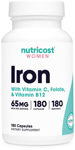 [BRSW2CQTBEIBA3LU] Nutricost Iron for Women 65mg, 180 Capsules, with Vitamin C, Folate, & Vitamin B12 - Vegetarian Friendly, Non-GMO, Gluten Free