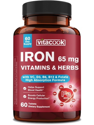 [BRSRGGQYPJ7BEYIU] Iron Supplement 65mg, with Vitamin C, D3, B6, B12 & Folate, Spinach, Broccoli, Beet Root, Pumpkin Seeds, Dandelion & Carrots, Blood Building & Energy Support, 60 Tablets