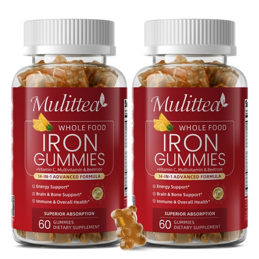 [BRSRGGQ7BAGRYDLF] Iron Gummies for Women Men, 4-Source Iron Supplement with Vitamin C, Folate, B12, B6 & Copper, Red Blood Cell, Energy & Immune Support - Highly Absorbed, Gentle, Vegan - Pineapple Flavor - 120 Count