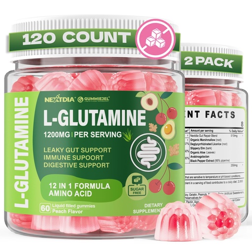 [BRSRGZAQCANRQCDG] Nextdia L-Glutamine 1200mg Gummies for Gut & Immune Support – Leaky Gut Repair with Slippery Elm, Marshmallow Root, Ginger, Aloe, Vitamin C D3, Zinc & Probiotic – Sugar-Free, 120 Ct