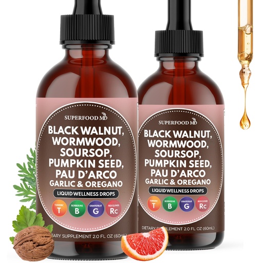 [BRSREZYEOANGK3AZ] Wormwood Black Walnut Cleanse for Humans Drops Liquid Soursop Garlic Pumpkin Seed PAU D'Arco Oil of Oregano Turmeric Berberine Neem Extract Hull Bark Tincture - 4 oz