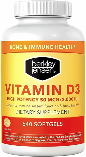 [BRSWGFAQCUBAEG36] Berkley Jensen High Potence Vitaminas D3 2000IU (50 mikrogramų) (640 Softgels), Dietinis priedas dantų, raumenų, imuninės funkcijos ir kaulų sveikatos, Vyrų ir moterų, Pagaminta JAV, 640 Dienos tiekimas