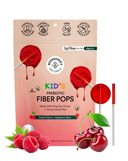 [BRSRACQECIDWKET2] Kids Prebiotic Fiber Lollipops by Beekeeper's Naturals - Doctor Formulated Fiber Supplement, Supports Digestive Regularity, 3g of Fiber & Honey, Raspberry Blast & Sweet Cherry Variety Pack, 15 ct