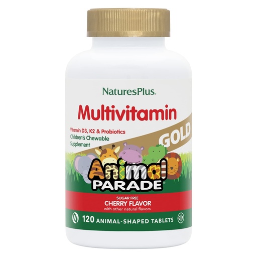 [BRSWIZT3OQDAIA3E] NaturesPlus Animal Parade Gold Children's Chewable Multivitamin - Natural Cherry Flavor - 120 Animal Shaped-Tablets - with Vitamin D3, K2 & Probiotics - Vegetarian & Gluten Free - 60 Servings.