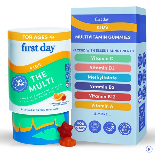 [BRSROAY3CVYQMGY4] First Day Kids Multivitamin Gummies Age 4+, Strawberry & Orange - Kids Vitamins Multivitamin Gummy A C D3 K2 B1 B2 B6 B12 Folate, Immunity & Brain Function, Vegan - 30 Day Supply, Packaging May Vary