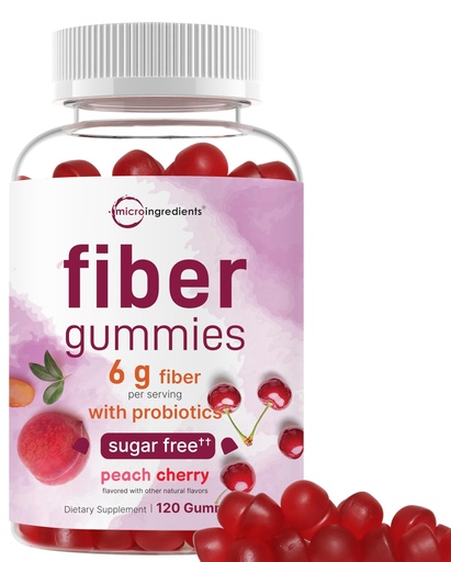 [BRSREGINOACGYCD4] Micro Ingredients Fiber Gummies with Probiotics, 120 Count | 6g Per Serving + 2 Billion CFU | Sugar Free Peach Cherry Flavor | High Fiber Supplement for Women & Men | Non-GMO, Gluten Free