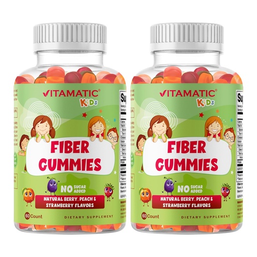 [BRSREFADDEDRSHT7] Vitamatic Kids Prebiotic Fiber Gummies – Extra Strength 4g Fiber – Zero Sugar Added – 60 Pectin-Based Gummies – Digestive Health & Regularity Support - 2 Pack