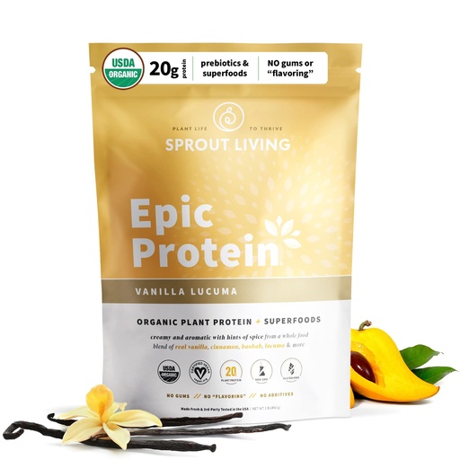 [BRSWKHYRCUBQA2D6] Sprout Living Epic Protein, Plant Based Protein & Superfoods Powder, Vanilla Lucuma Powder | 20 Grams Organic Protein Powder, Vegan, Non Dairy, Non-GMO, Gluten Free, Low Sugar (1 Pound, 12 Servings)