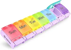 [BRSW2BQ2BAHR6HL3] AUVON Weekly Pill Organizer Arthritis Friendly, BPA Free Travel 7 Day Pill Box Case with Spring Open Design and Large Compartment to Hold Vitamins, Cod Liver Oil, Supplements and Medication