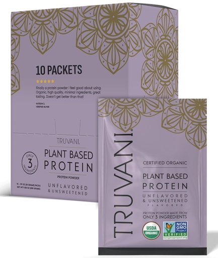[BRSRMCADDFYRO23A] Truvani Vegan Pea Protein Powder | Unflavored | 20g Organic Plant Based Protein | Single Serving Travel Packets | 10 Servings | Keto | Gluten & Dairy Free | Low Carb | No Added Sugar