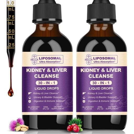 [BRSREAQKOV6QMDIU] 30-in-1 Kidney and Liver Cleanse Detox & Repair Drops with Cranberry Extract, Milk Thistle & Chanca Piedra, Vegan Kidney Support Supplement for Urinary Tract & Liver Support | Blueberry Flavor, 2P