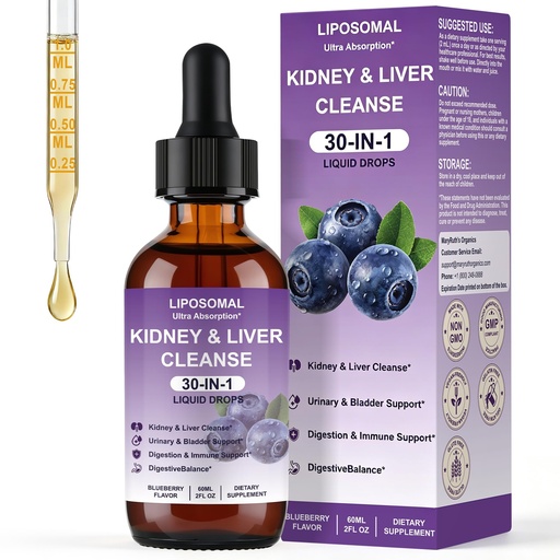 [BRSRGCT7OQPRECI6] Liposomal Kidney Cleanse Detox & Repair - Liver Support & Cranberry Urinary Health Supplement - 30-in-1 Liquid Drops for Bladder Support - Blueberry Flavor - 60ml