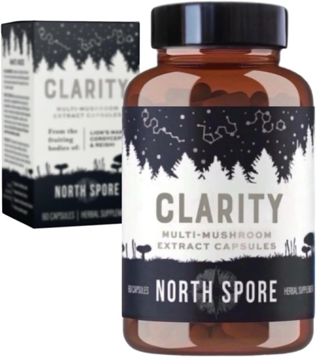 [BRSRAEICBMDQEALZ] North Spore Organic Clarity High Potency Mushroom Capsules | Lions Mane, Reishi, Cordyceps Supplement | Boost Focus, Memory, Vitality, Cognitive Function | Pure Organic Extract Blend - 60ct