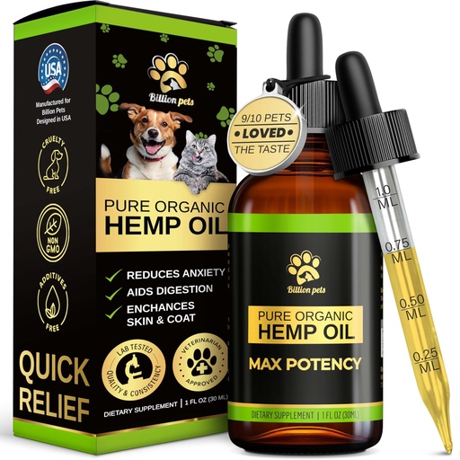 [BRSWGAANBF5BQ33A] Billion Pets - Hemp Oil for Dogs and Cats - Helps with Anxiety, Pain, Stress, Sleep, Arthritis, Seizures Relief - Hip and Joint Support - Calming Drops Treats