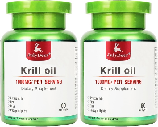 [BRSRAAA3CJ7RAA3U] 2 Bottles Antarctic Krill Oil 1000 mg with Omega-3s EPA, DHA, Astaxanthin and Phospholipids 60 Softgels Supplement No Fishy Aftertaste for Joint, Heart, Brain and Immunity - 120 Softgels