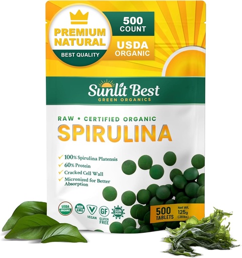 [BRSRMALRCMGRM3D4] Sunlit Best Spirulina Tablets - Organic Spirulina Tablets USDA Premium 500 Count - Natural Spirulinas Organic Burst for Immune Support Muscle Growth, Energy Boost w/Chlorophyll - High Protein, Non GMO