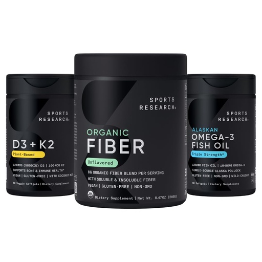 [BRSRYYYKB4PWKCTO] Sports Research® Regularity Pack - Organic Plant-Based Fiber Blend, Vitamin D3 5000iu + K2 100mcg, and Alaskan Omega-3 Fish Oil 1250mg