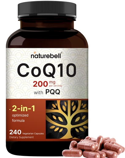 [BRSROFAZBYARM2YY] NatureBell CoQ10 200mg with PQQ, 240 Veggie Capsules | Stable High Absorption Form – Antioxidant Support for Heart, & Energy Health – Extra Strength Coenzyme Q10 Supplement