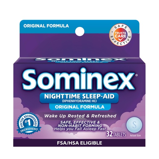 [BRSWIEYZAUOR2A3E] Sominex Nighttime Sleep-Aid with Diphenhydramine HCI, 32 Count, Safe, Effective & Non Habit Forming
