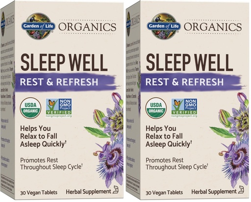 [BRSRGGQKCF5WGETU] Garden of Life Organics Sleep Well Rest & Refresh 30 Tablets, Green Tea Extract L-Theanine, Valerian Root, Chamomile, Probiotics-Organic Non-GMO Vegan Gluten Free Herbal Supplement(Pack of 2)