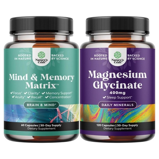 [BRSRMCYPA56QK336] Bundle of Advanced Brain Supplement for Memory and Focus and Magnesium Glycinate Capsules for Adults - Memory Supplement for Brain Fog Clarity Energy and Recall - Sleep Support Immunity & Bone Health
