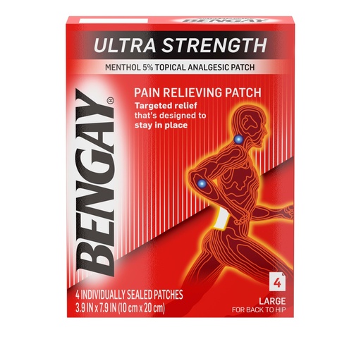 [BRSWIYQOAQBAIHLM] Ultra Strength Bengay Pain Relief Patches, Large Topical Analgesic Menthol Patches for Muscle & Joint Pain Due to Backaches, Minor Arthritis, Sprains, & Strains, 3.9 x 7.9 inches, 4 Count