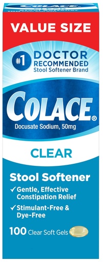 [BRSRGYAECEOQIGY3] Colace Clear Stool Softener for Gentle Effective Constipation Relief, #1 Doctor Recommended Stool Softener Brand, Dye Free, 50 mg Docusate Capsules, 100 Count