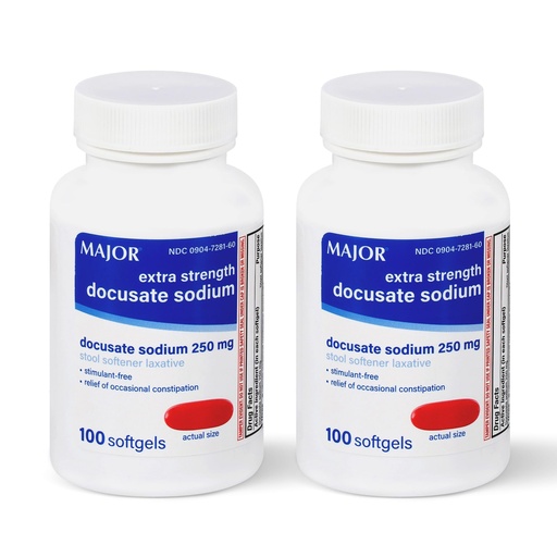 [BRSWYZIQCR7RQHTU] MAJOR Docusate Sodium 250 mg, Extra Strength Stool Softener Laxative for Occasional Constipation Relief – Stimulant‑Free, 100 Softgels (2 Pack)