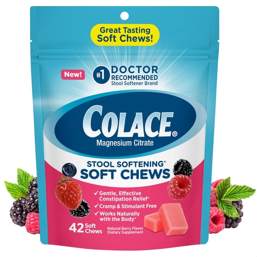 [BRSRACYZBECG23TX] Colace Stool Softener Soft Chews, 42 Count, Gentle Constipation Relief, No.1 Doctor Recommended Stool Softener Brand, Mixed Berry