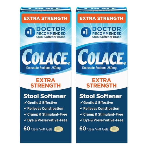 [BRSRE2QZAQPWAFA2] Colace Extra Strength Stool Softener, 60 Count (Pack of 2), Gentle Constipation Relief for Adults, 250 mg Docusate Capsules, #1 Doctor Recommended Stool Softener Brand