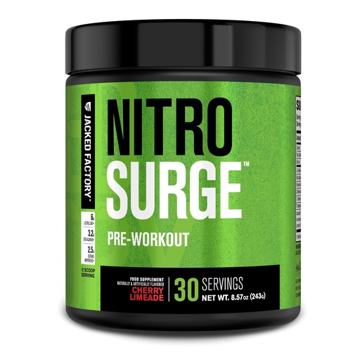 [BRSWGBQKAAMQ4A3B] Jacked Factory NITROSURGE Pre Workout Supplement - Endless Energy, Instant Strength Gains, Clear Focus, Intense Pumps - NO Booster & Preworkout Powder with Beta Alanine - 30 Servings, Cherry Limeade