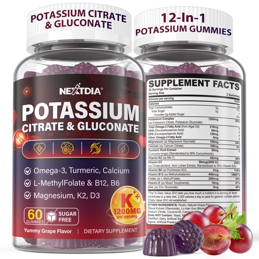 [BRSREZALPMCWYGQV] Potassium Citrate and Potassium Gluconate Supplement, 1200mg Two Forms of Potassium Gummies, w/Magnesium, Omega-3, Calcium, Vitamin D3 K2 B12 E B6, Folate for Mṵṣḉḷḙ, Nerves, Health Bones, 120Cts