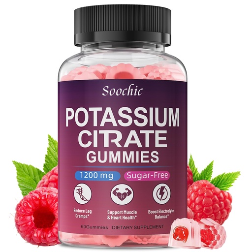 [BRSRAAI2DJ4GM2T5] Potassium Citrate Gummies - 1200mg Chewable Potassium Supplement for Men & Women - Supports Leg Cramps & Muscle Health - Vegan, Gluten Free, Sugar Free - Raspberry Flavor (60 Count)