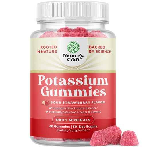 [BRSRAZI7DN7WO23P] High Potency Potassium Gummies for Adults - Powerful Potassium Supplement Gummies for Optimal Health - Delicious Strawberry-Flavored - Vegan - 60 Count