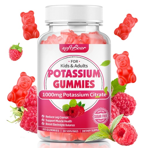 [BRSRA2QCAQBRAFAY] softbear Potassium Citrate 1000mg Gummies – Suagr Free Potassium Gummies for Muscle Support & Electrolyte Balance – Potassium Supplement for Women & Adults, Vegan, Raspberry Flavor (60 Count)