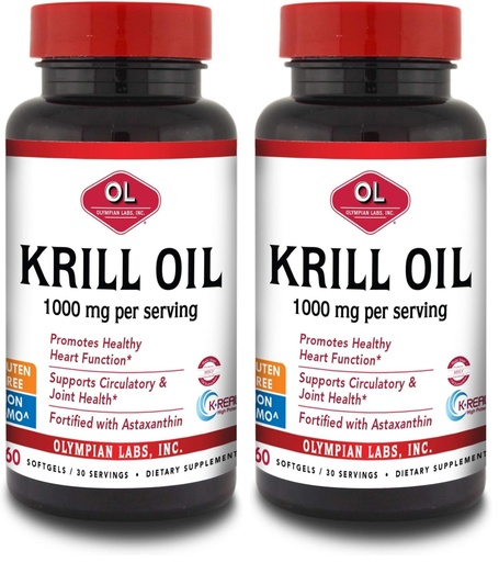 [BRSRAYYOAQJQ2CDJ] Olympian Labs Antarctic Krill Oil, 1000mg Caps with Astaxanthin, Omega-3, EPA, DHA, Immune, Joint & Brain Support, 60 Softgels (Pack of 2)